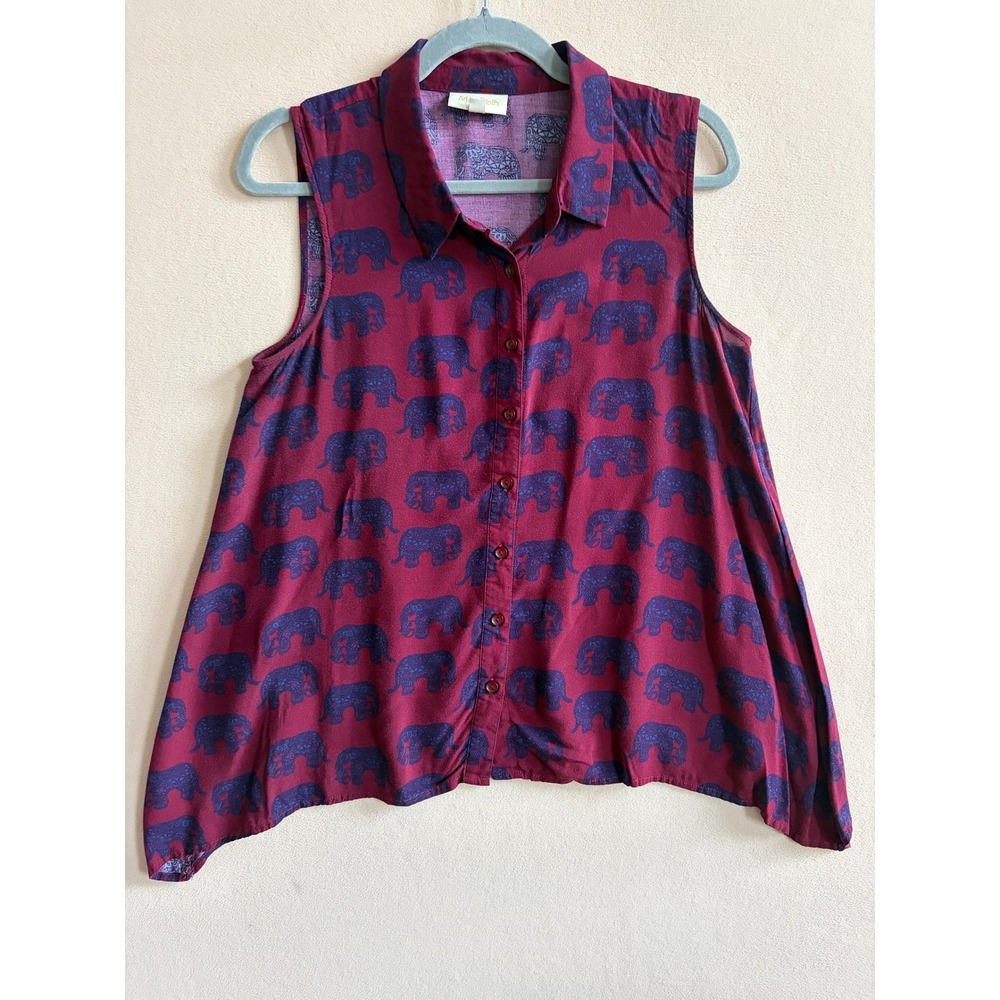 ModCloth Womens Medium Burgundy Blue Elephant Print Sleeveless Rayon Blouse